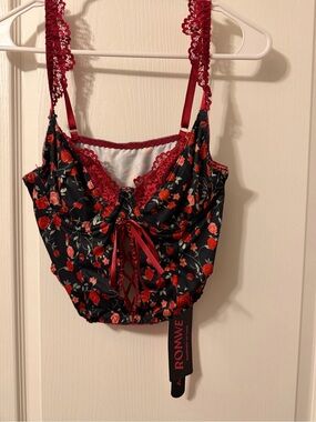 ROMWE Black & Red Floral Lace Crop Cami Bra